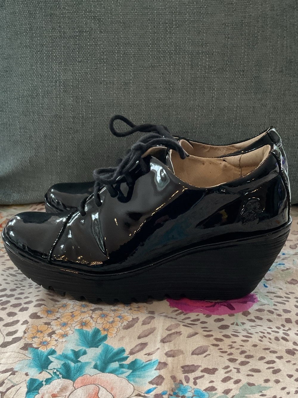 Fly London Yumi Black Patent Lace-Up Wedges